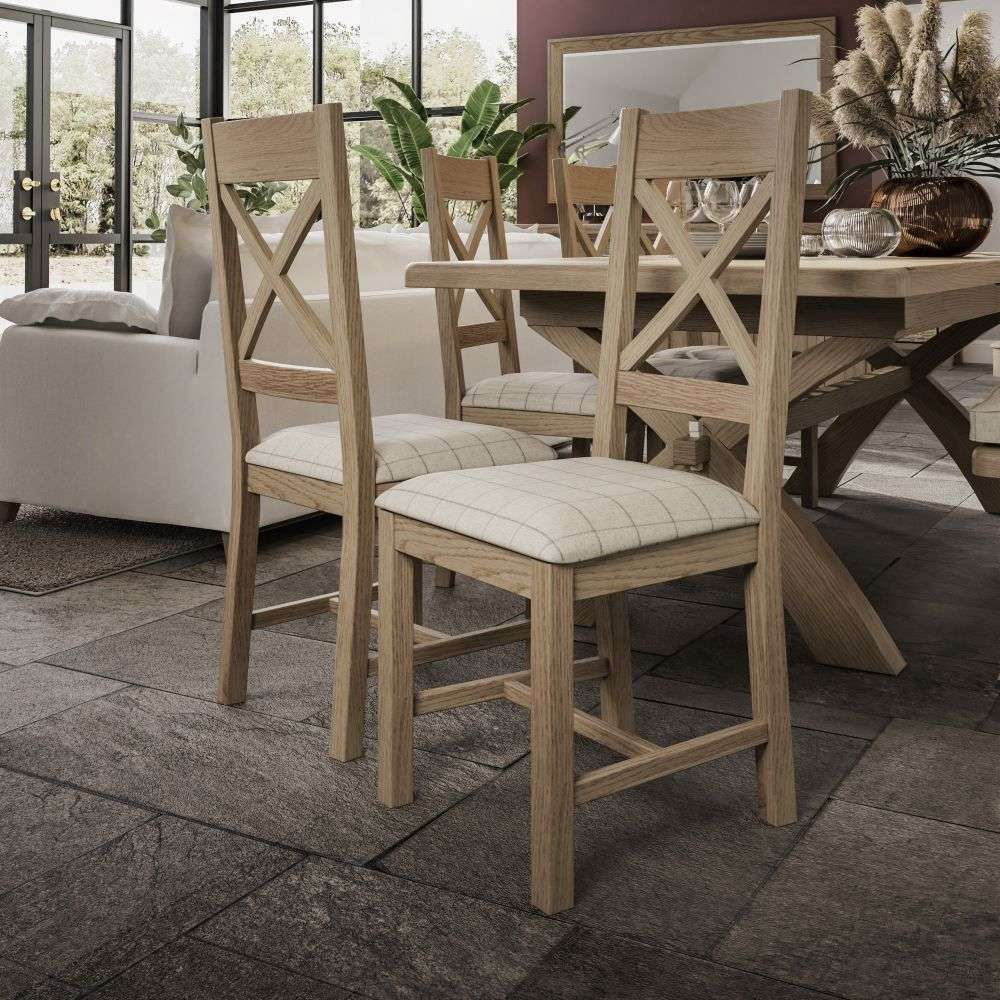 HO-Smoked Oak 2m cross leg table, 4 chairs & Bench
