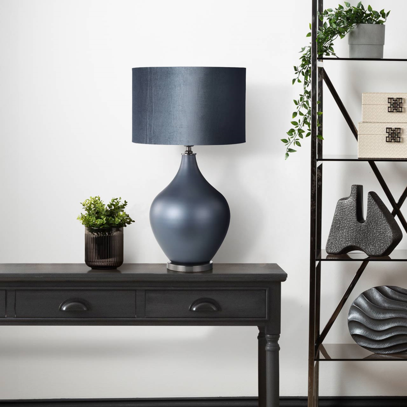 Premium -Matt Blue glass table lamp with blue velvet shade