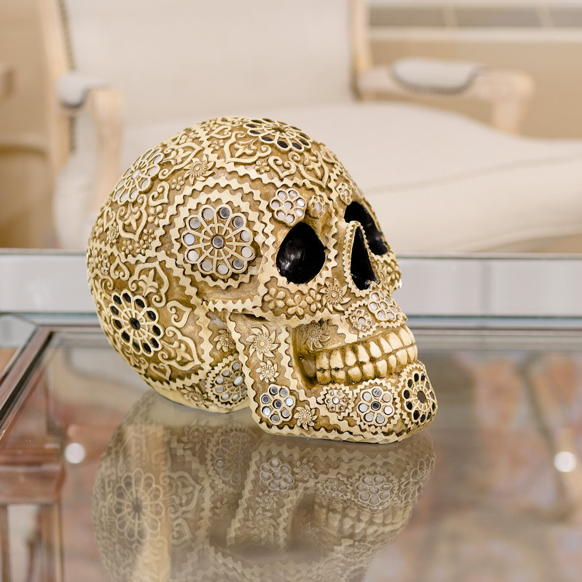 Calavera Sugar Skull Sculpture- Beige