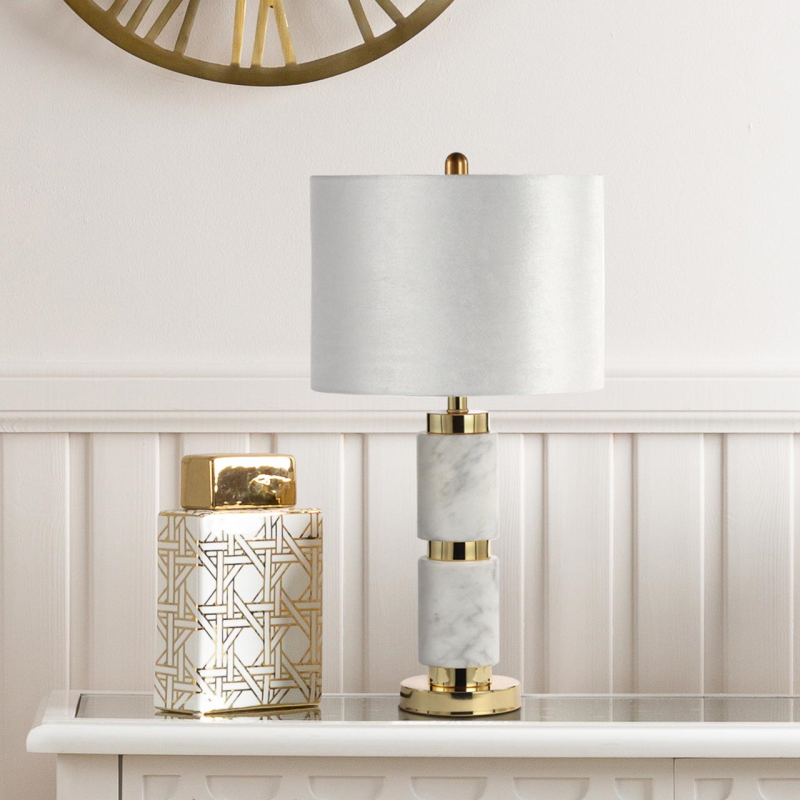 White marble table lamp with Cream velvet Shade