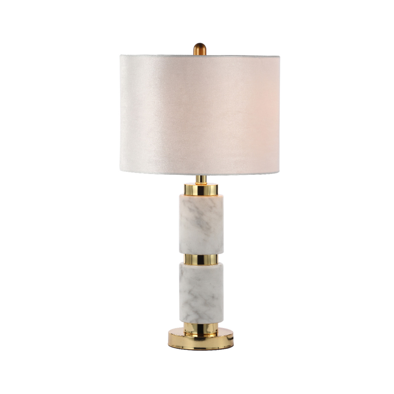 White marble table lamp with Cream velvet Shade