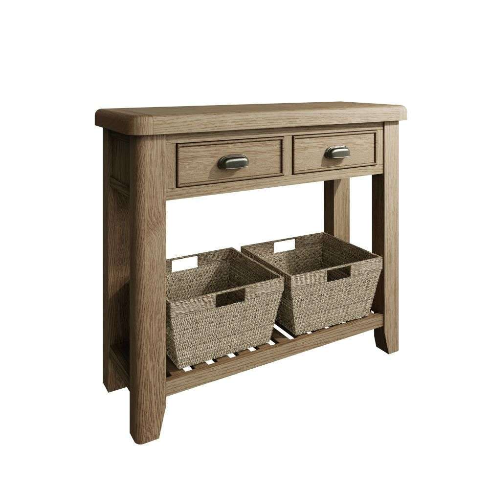 HO-Smoked Oak Console with wicker baskets