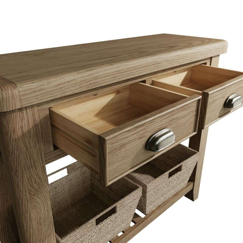 HO-Smoked Oak Console with wicker baskets